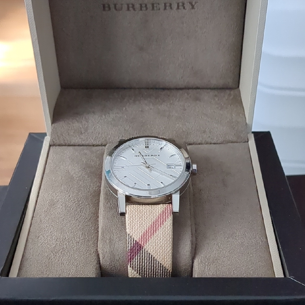 Burberry Checkered Strap Watch with Silver Case 34mm